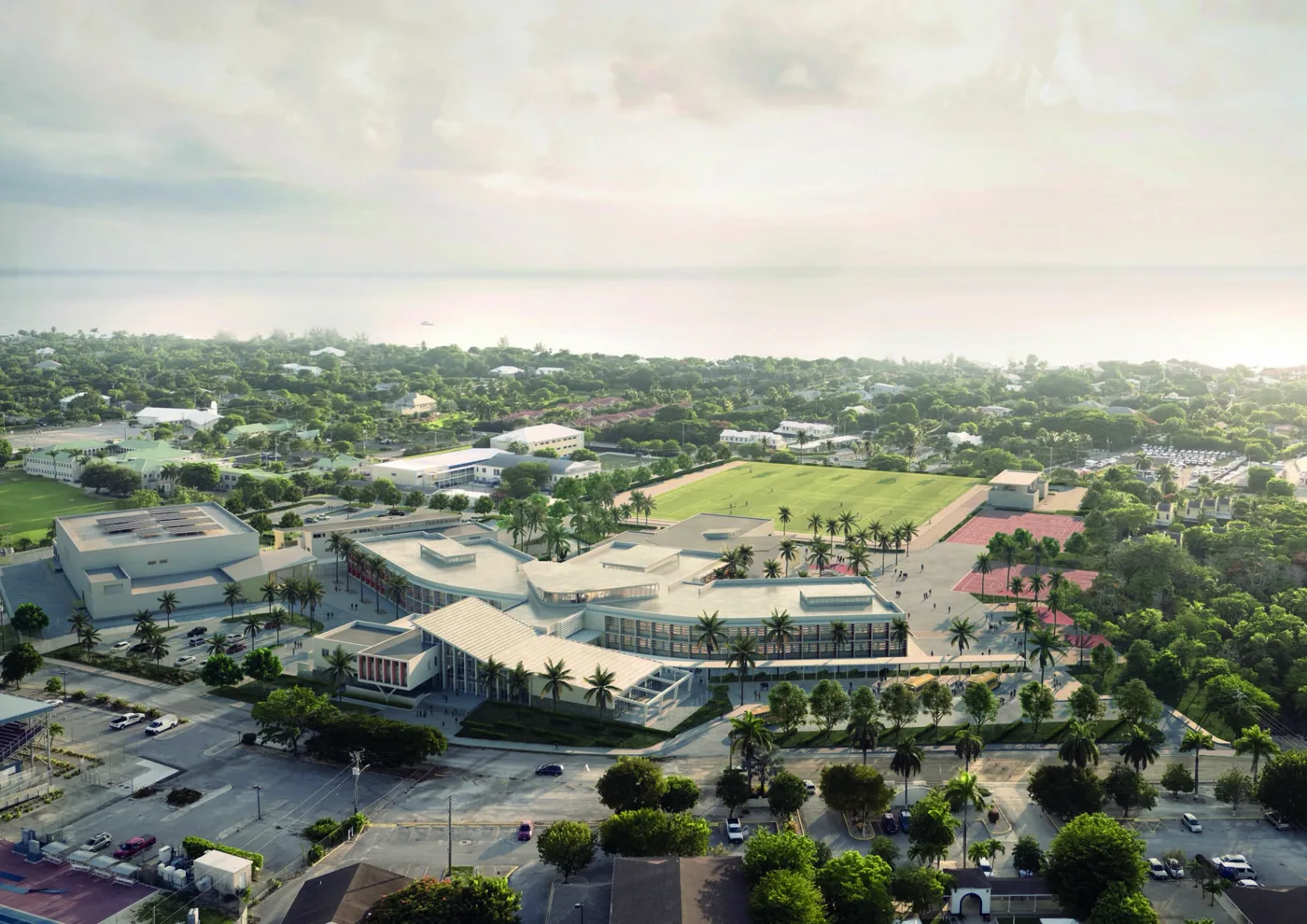 Aerial render of the John Gray High School campus in George Town